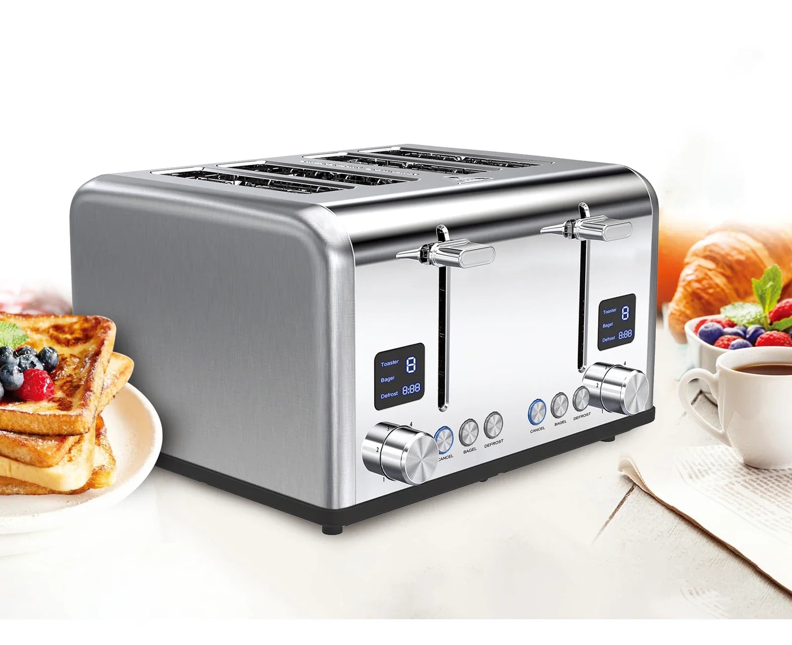 KTX-109203 Stainless Steel Electric 4-Slice Toaster with LED Display and Heat-Proof Crumb Tray