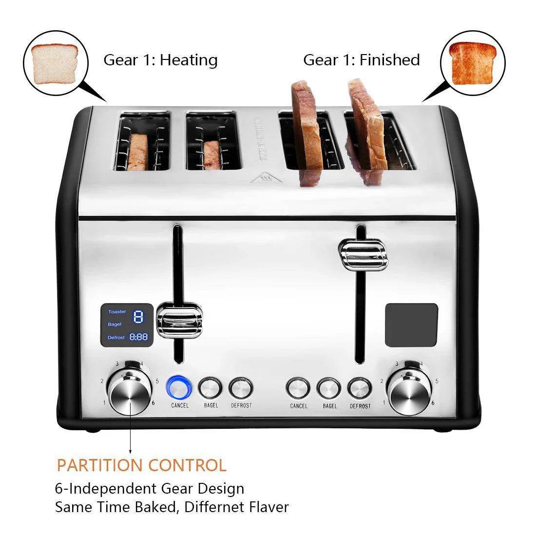 KTX-109203 Stainless Steel Electric 4-Slice Toaster with LED Display and Heat-Proof Crumb Tray