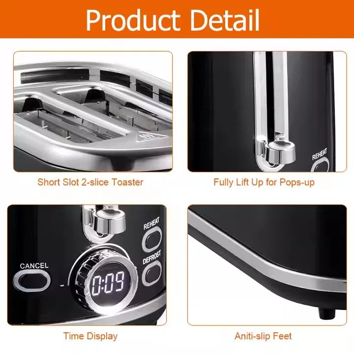 KTX-304659 900W Retro Digital 2-Slice Black Wide Toaster with Timer