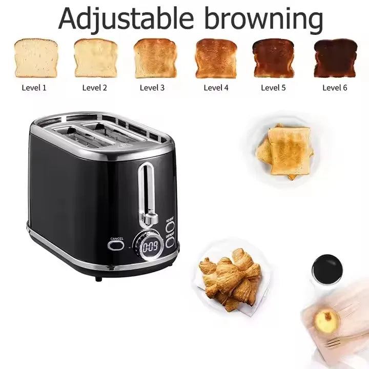 KTX-304659 900W Retro Digital 2-Slice Black Wide Toaster with Timer
