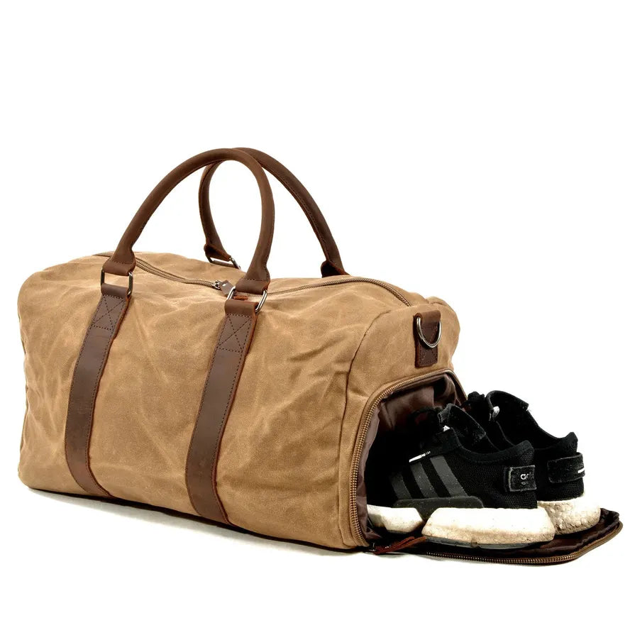 KTX-467667 Retro Style Men's Large Capacity Duffel Bag Made of Batik Canvas and Cowhide Leather