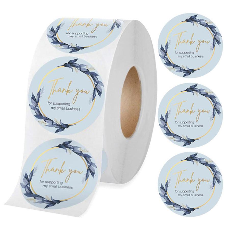 KTX-088211 Thank You Stickers - 500 pcs Blue Flower Bunch Decorative Round Labels for Gift Wrapping and Shipping
