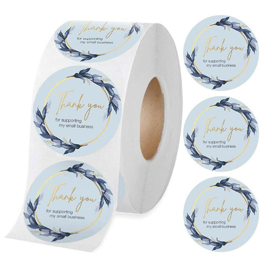KTX-088211 Thank You Stickers - 500 pcs Blue Flower Bunch Decorative Round Labels for Gift Wrapping and Shipping