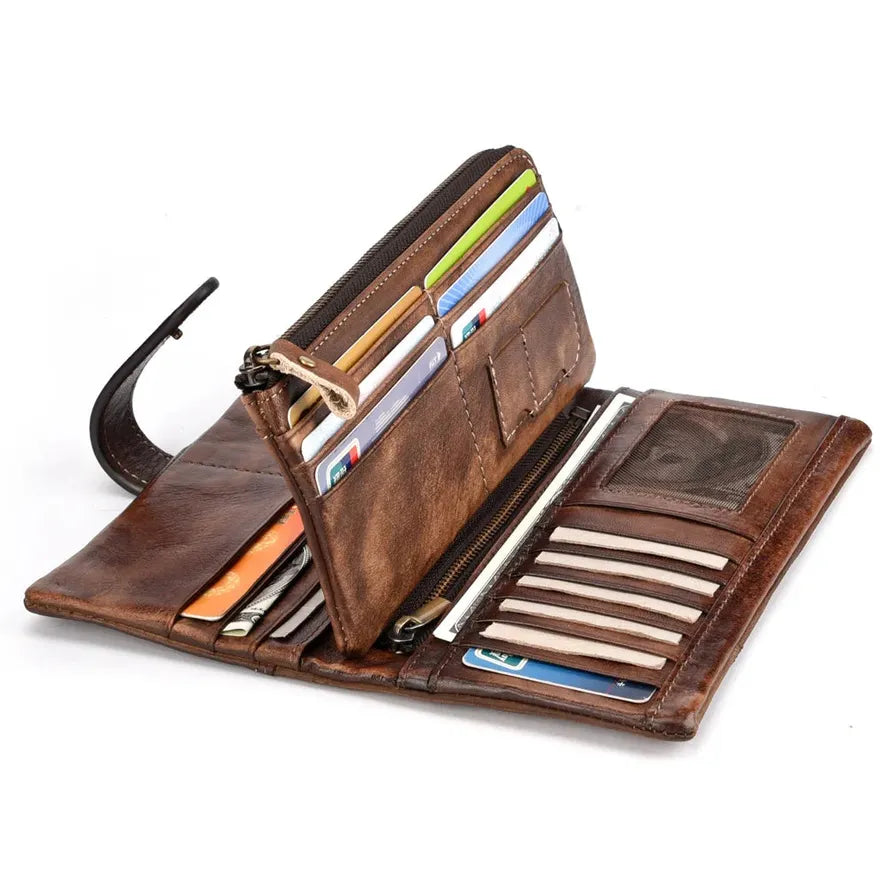 KTX-907155 Retro Genuine Leather Stitched Multi-Card Zipper Wallet in Brown/Yellow/Red