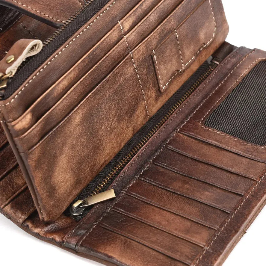 KTX-907155 Retro Genuine Leather Stitched Multi-Card Zipper Wallet in Brown/Yellow/Red
