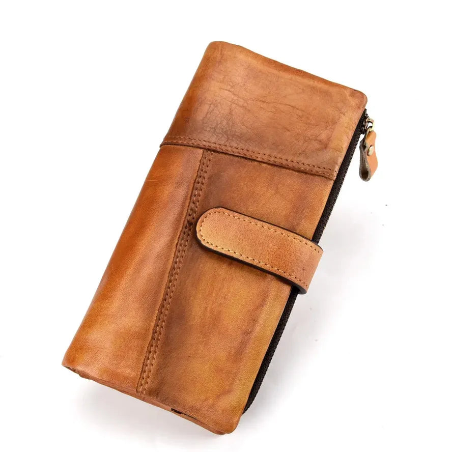 KTX-907155 Retro Genuine Leather Stitched Multi-Card Zipper Wallet in Brown/Yellow/Red