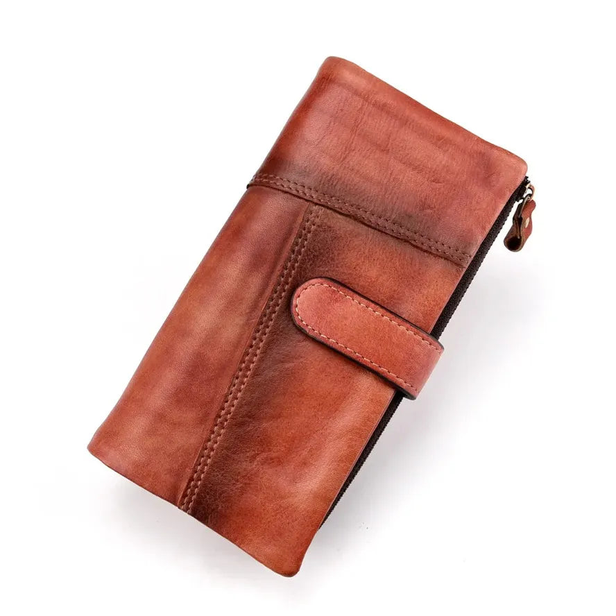 KTX-907155 Retro Genuine Leather Stitched Multi-Card Zipper Wallet in Brown/Yellow/Red