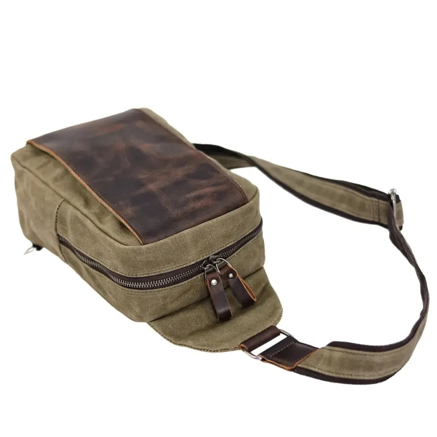 KTX-255059 Casual Waterproof Chest Bag in Batik Canvas and Cowhide for Outdoor Travel