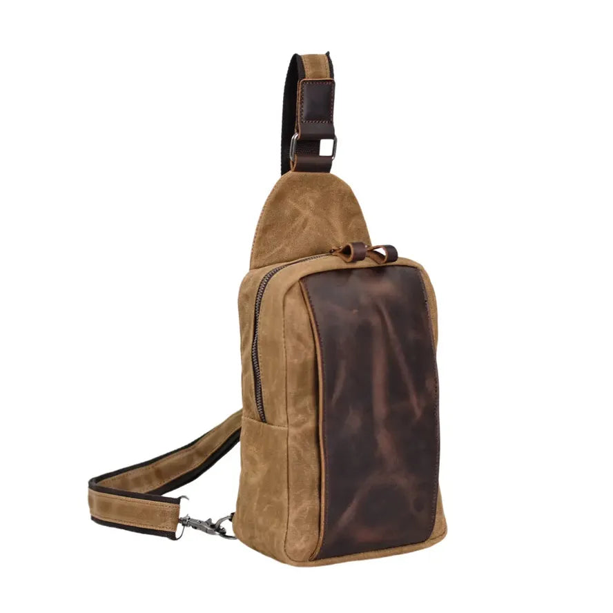 KTX-255059 Casual Waterproof Chest Bag in Batik Canvas and Cowhide for Outdoor Travel