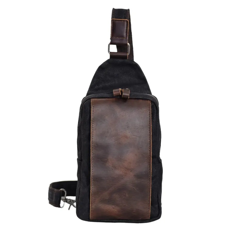 KTX-255059 Casual Waterproof Chest Bag in Batik Canvas and Cowhide for Outdoor Travel