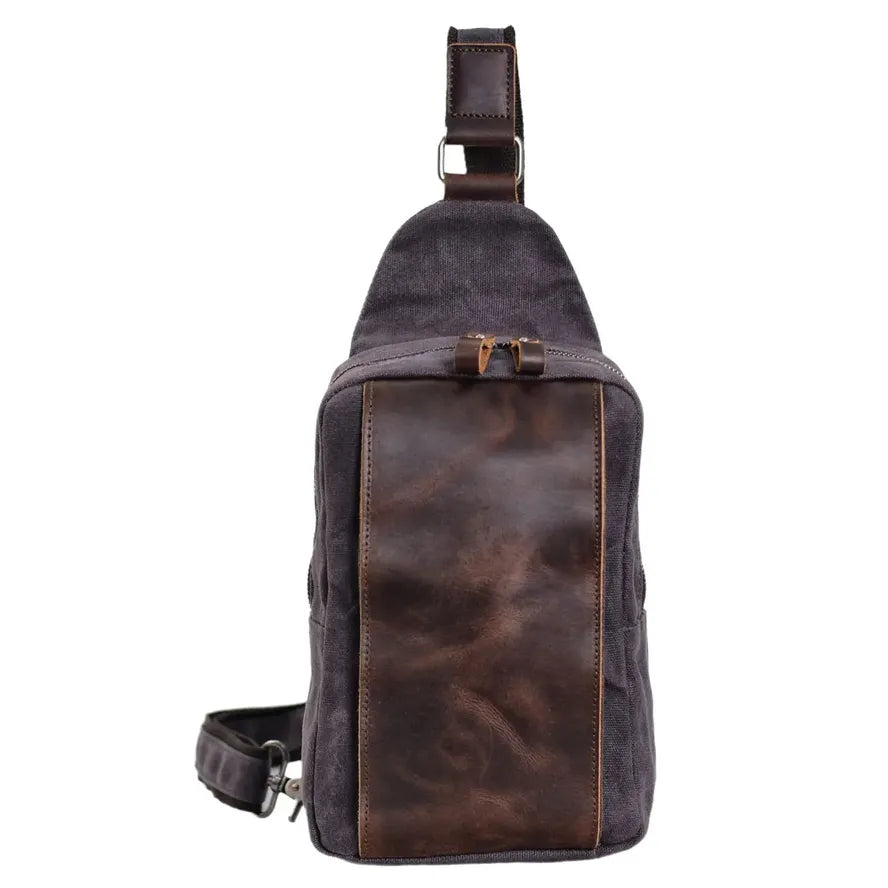 KTX-255059 Casual Waterproof Chest Bag in Batik Canvas and Cowhide for Outdoor Travel