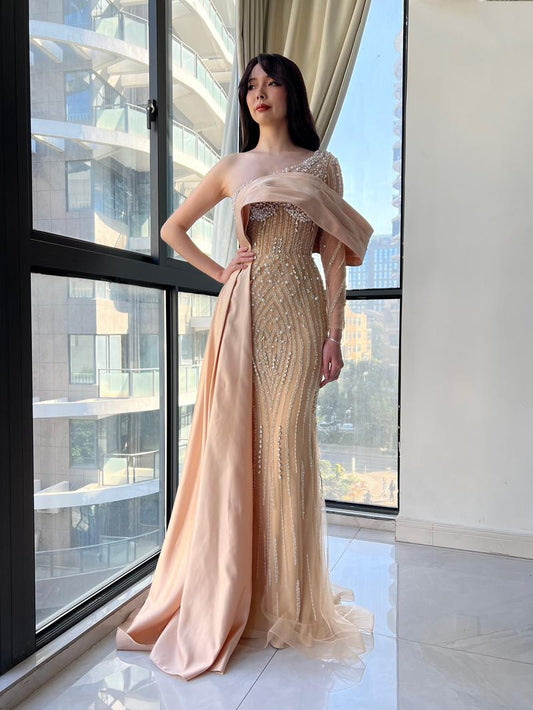 KTX-781331 Champagne Elegance Evening Gown with Stunning Detailing