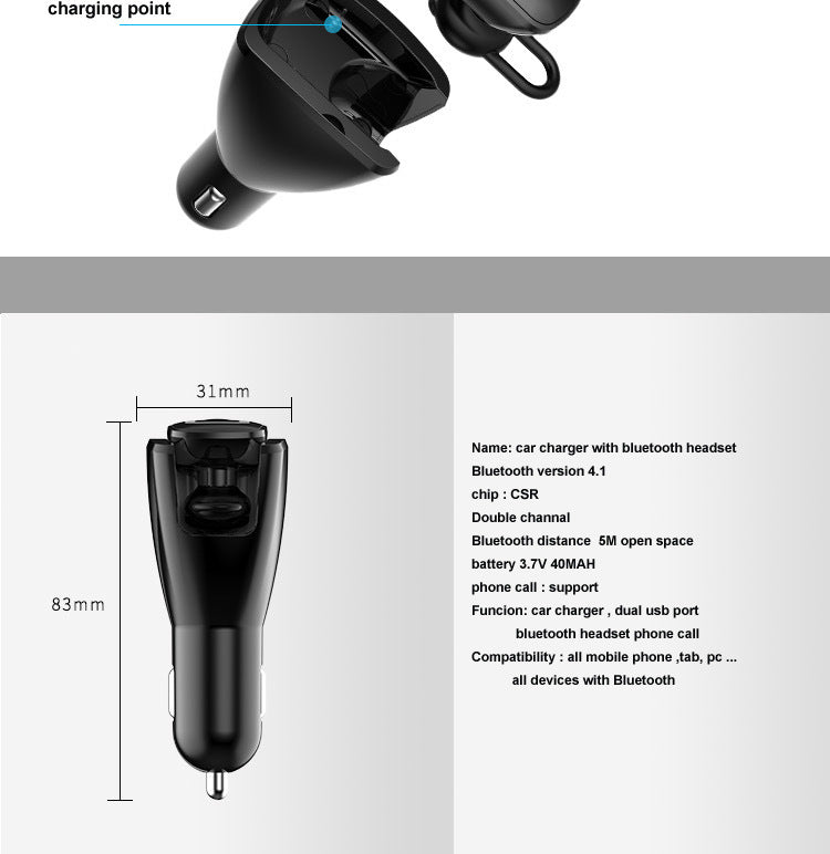 KTX-657491 Wireless Bluetooth Headset with Dual USB Charging Compartment for Cars