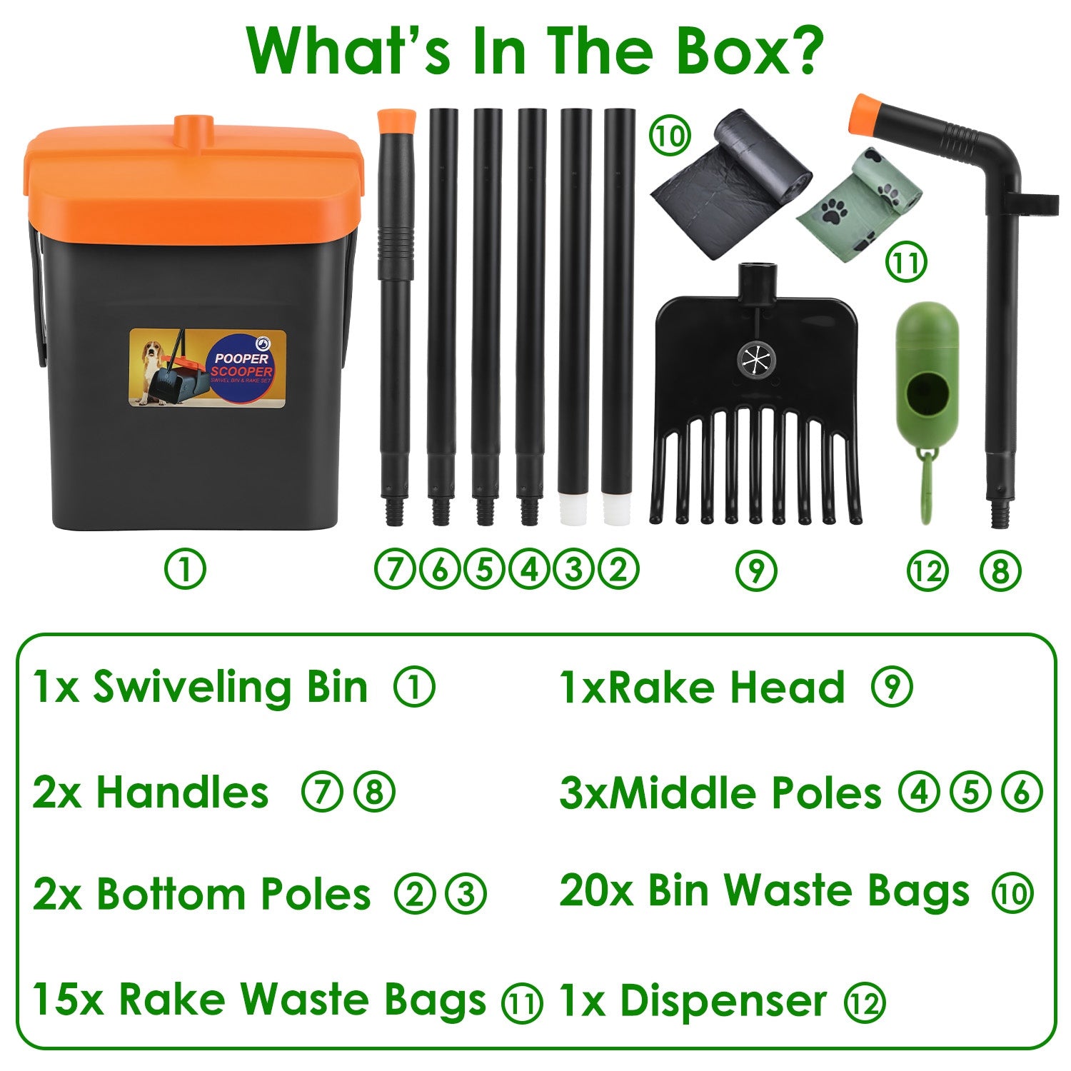 JMT-298826 Heavy Duty Dog Poop Rake & Swiveling Bin with Extra Long Handle and Waste Bag Dispenser