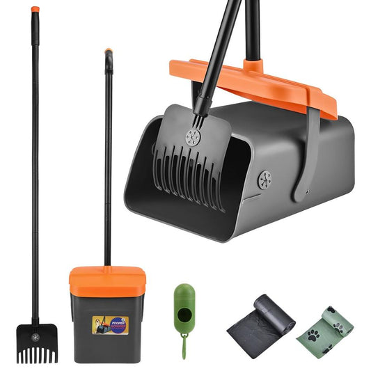 JMT-298826 Heavy Duty Dog Poop Rake & Swiveling Bin with Extra Long Handle and Waste Bag Dispenser