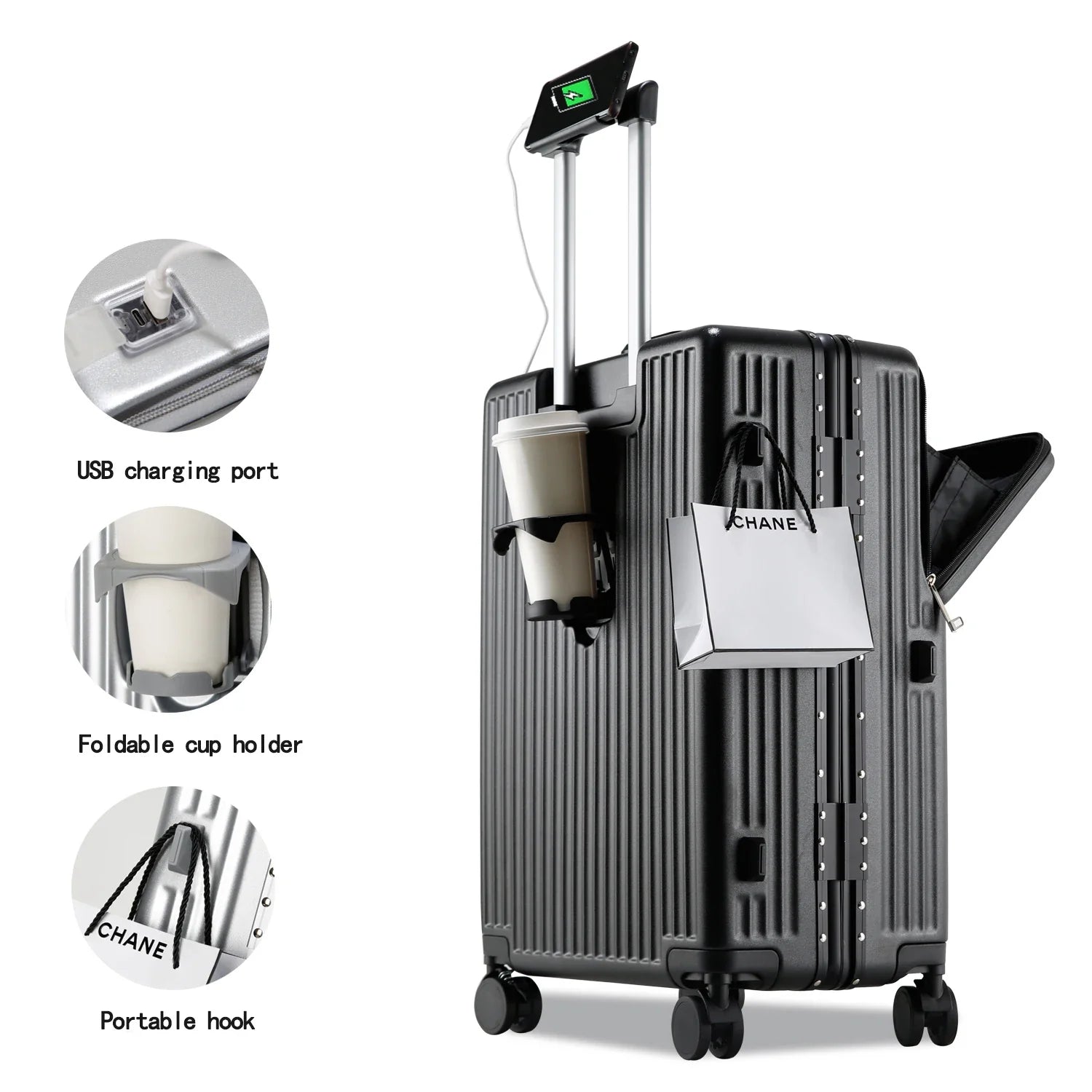 KTX-176531 Compact 20-Inch Modern Carry-On Suitcase with Cup Holder and Lightweight PC & ABS Design