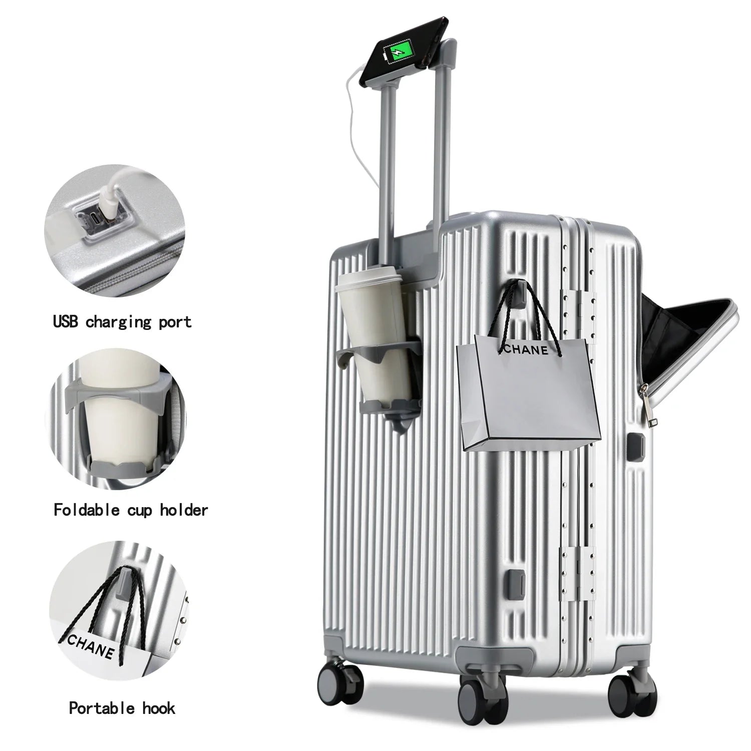 KTX-176531 Compact 20-Inch Modern Carry-On Suitcase with Cup Holder and Lightweight PC & ABS Design