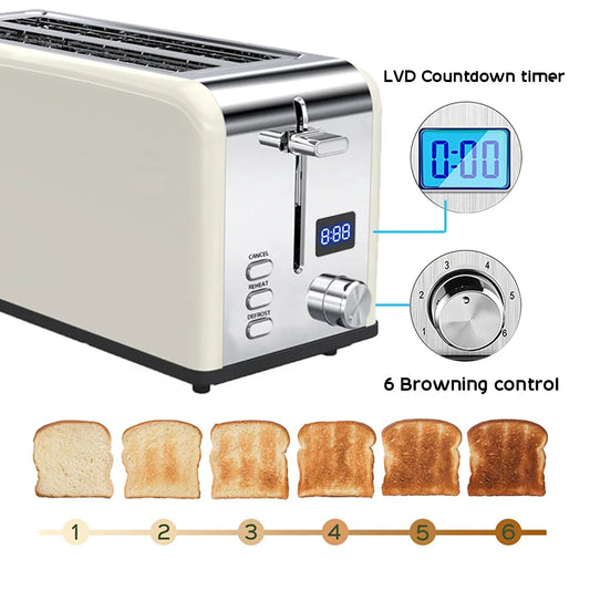 KTX-190547 Stainless Steel Long Slot Toaster with LCD Display for 4 Slices and Grill Function