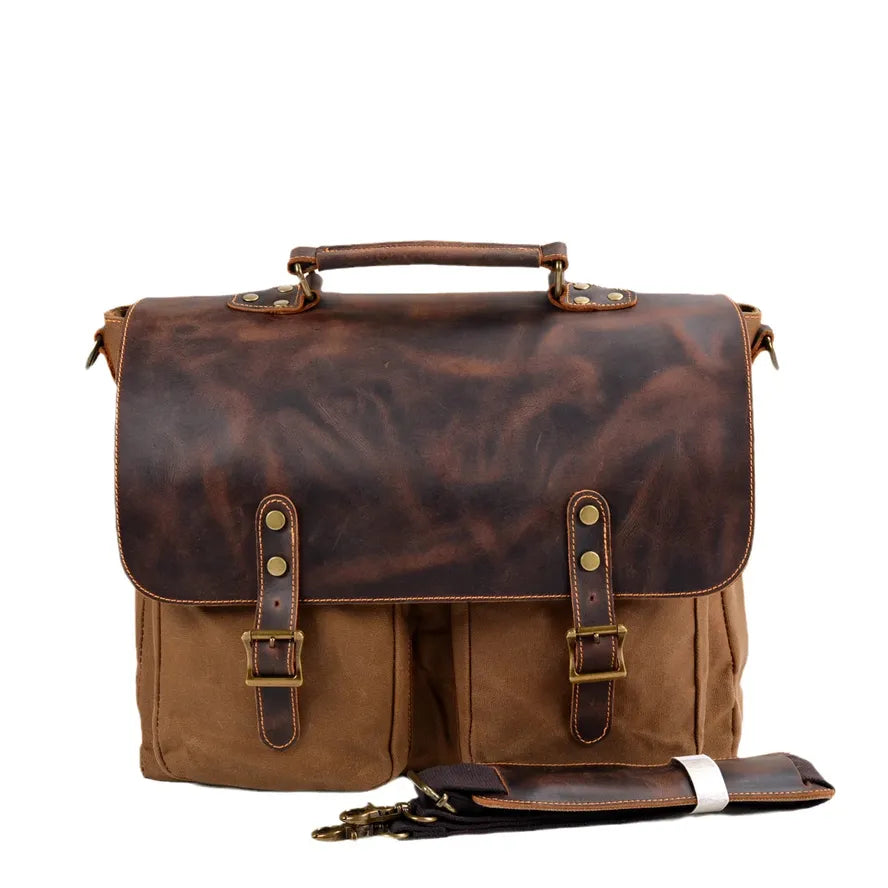 KTX-728659 Retro Large Capacity Canvas Crossbody Bag with Crazy Horse Skin for 15.6" Laptops