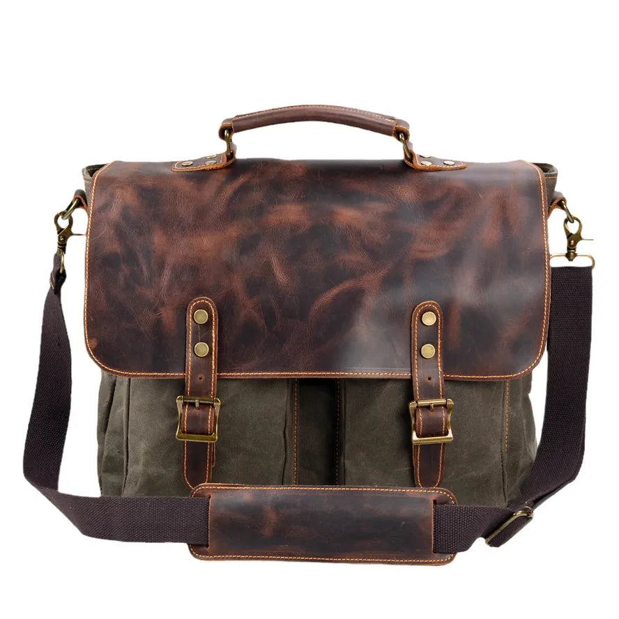 KTX-728659 Retro Large Capacity Canvas Crossbody Bag with Crazy Horse Skin for 15.6" Laptops