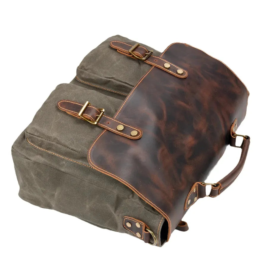 KTX-728659 Retro Large Capacity Canvas Crossbody Bag with Crazy Horse Skin for 15.6" Laptops
