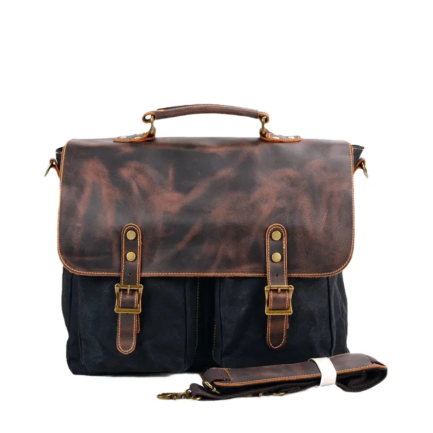 KTX-728659 Retro Large Capacity Canvas Crossbody Bag with Crazy Horse Skin for 15.6" Laptops