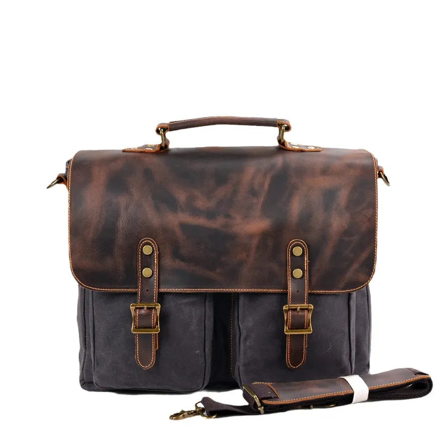 KTX-728659 Retro Large Capacity Canvas Crossbody Bag with Crazy Horse Skin for 15.6" Laptops