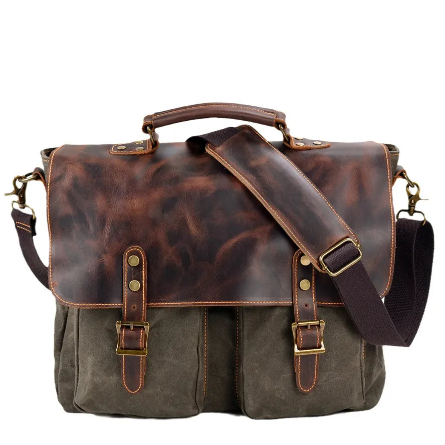 KTX-728659 Retro Large Capacity Canvas Crossbody Bag with Crazy Horse Skin for 15.6" Laptops