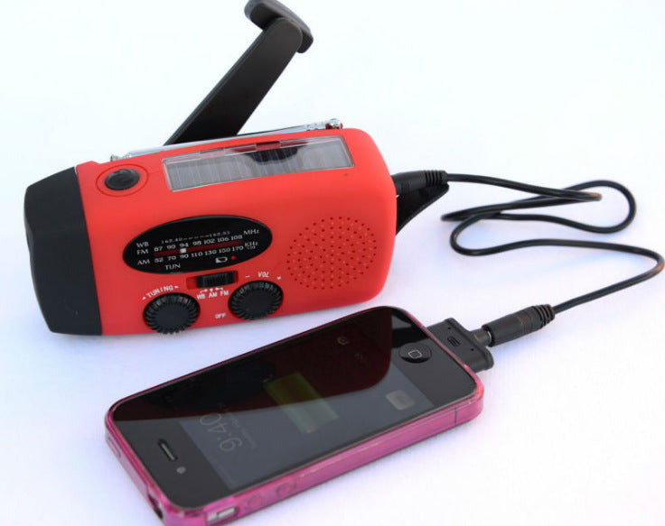 KTX-143059 Solar Hand Crank Radio Flashlight with USB Charging - Red, ABS Material, Compact Design