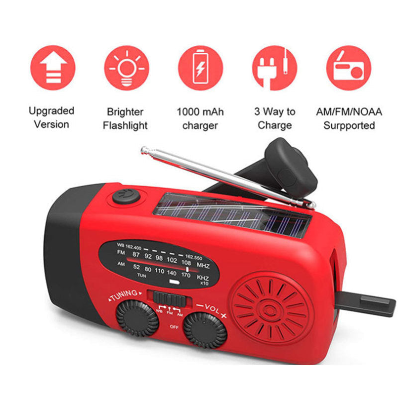 KTX-143059 Solar Hand Crank Radio Flashlight with USB Charging - Red, ABS Material, Compact Design