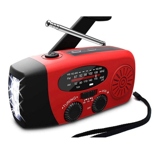 KTX-143059 Solar Hand Crank Radio Flashlight with USB Charging - Red, ABS Material, Compact Design