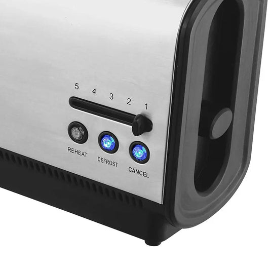KTX-747603 900W Stainless Steel Long Slot Toaster with Cancel, Reheat, and Defrost Functions for 2 Slices