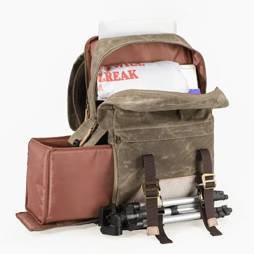 KTX-269715 Vintage Waterproof Waxed Canvas Camera Backpack in Green, Khaki, Dark Grey