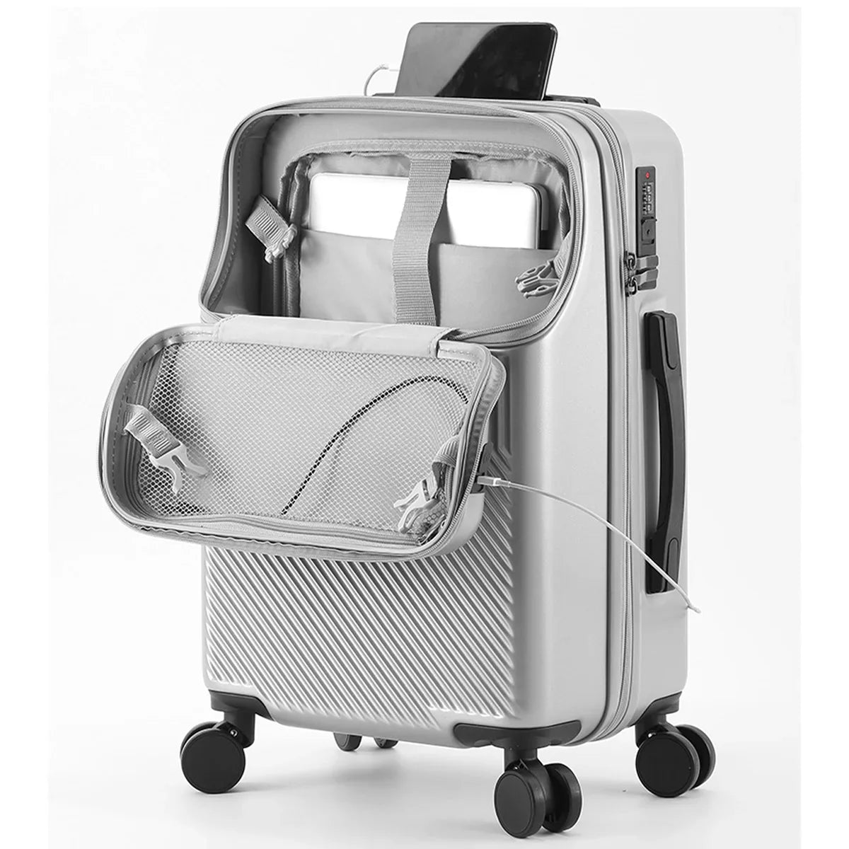KTX-143763 Front Opening Trolley Suitcase with USB Charging Port for Travel Convenience