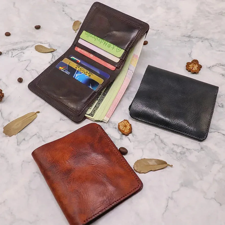 KTX-874387 Top Layer Cowhide Leather Wallet with Multiple Card Slots - Retro Vegetable Tanned Mini Wallet