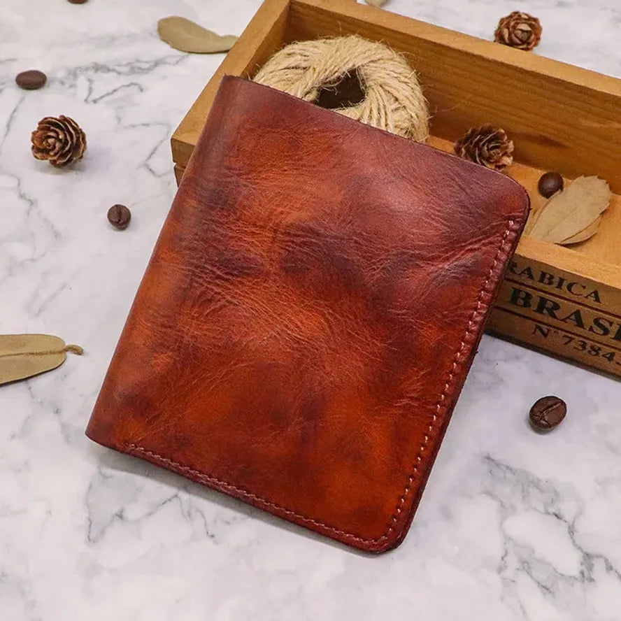 KTX-874387 Top Layer Cowhide Leather Wallet with Multiple Card Slots - Retro Vegetable Tanned Mini Wallet