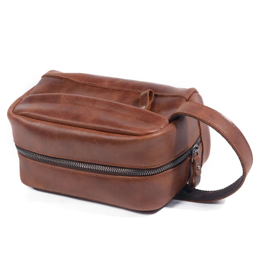 KTX-727507 Retro Cowhide Make-up Wash Bag - Portable Travel Storage Bag with Zipper Closure
