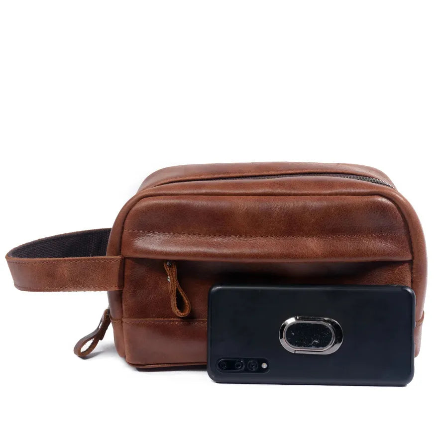 KTX-727507 Retro Cowhide Make-up Wash Bag - Portable Travel Storage Bag with Zipper Closure