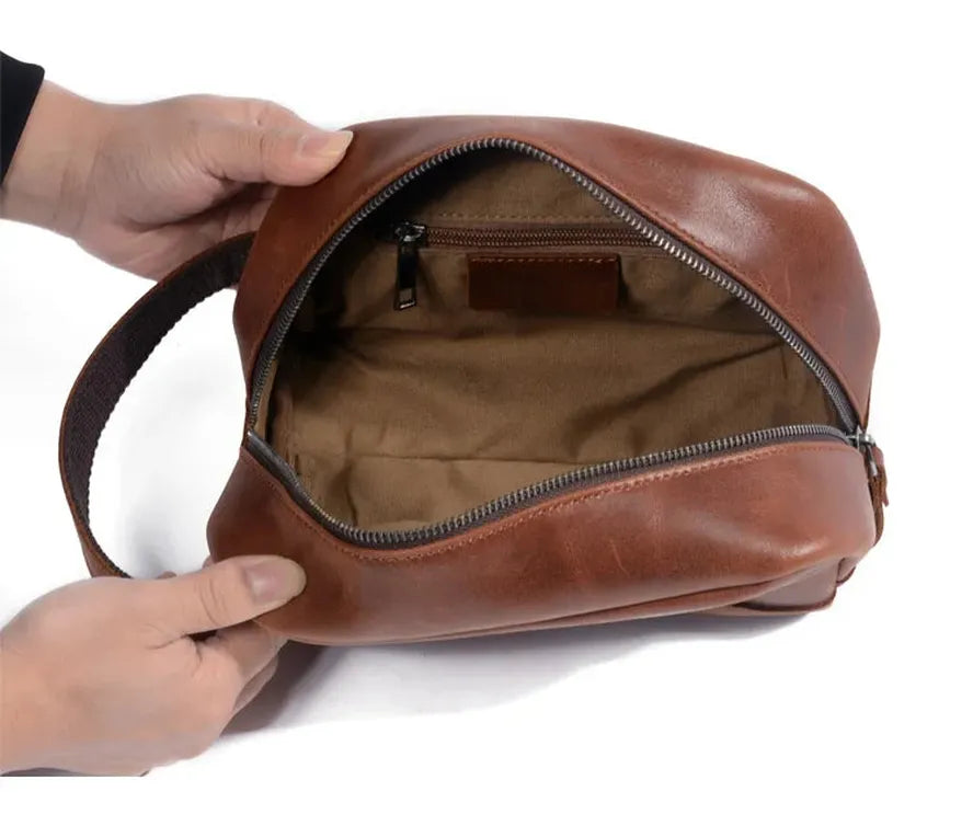 KTX-727507 Retro Cowhide Make-up Wash Bag - Portable Travel Storage Bag with Zipper Closure