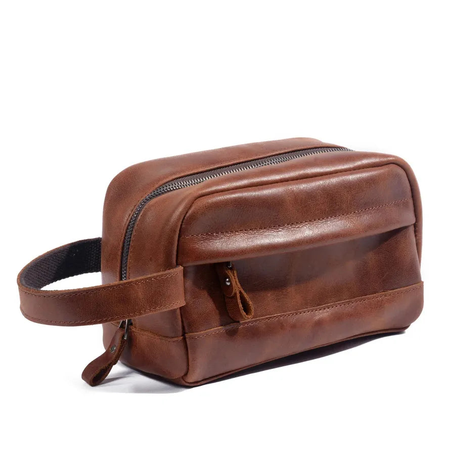 KTX-727507 Retro Cowhide Make-up Wash Bag - Portable Travel Storage Bag with Zipper Closure