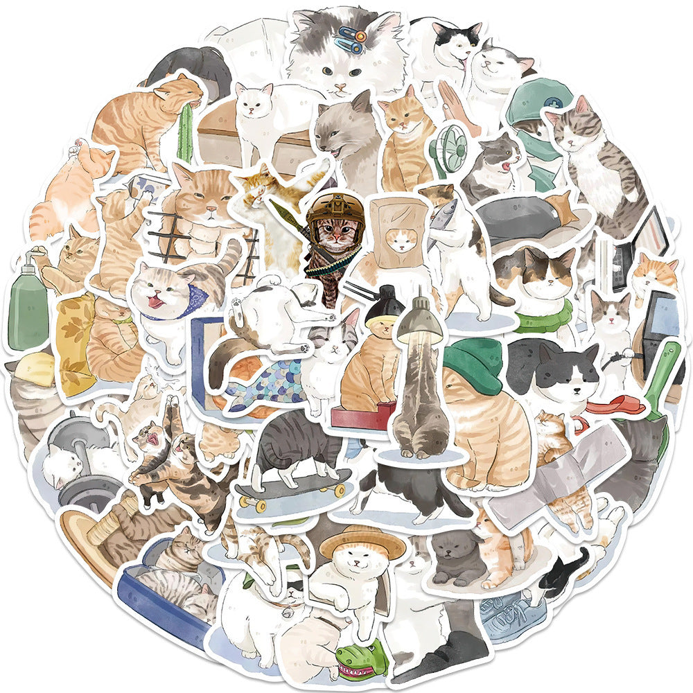 KTX-022675 Cute Cartoon Watercolor Cat Stickers Set - 53 Pieces for Luggage, Computers, and Phones