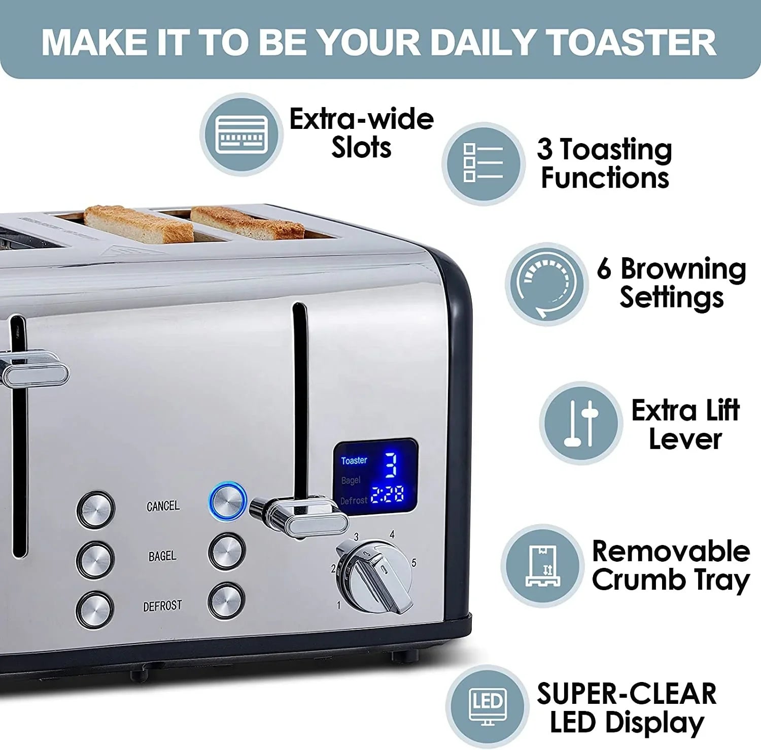 KTX-714835 Retro 4-Slice Stainless Steel Electric Pop-Up Toaster with Grill Function