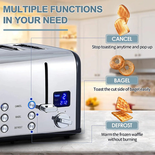 KTX-043667 Digital LED Display 4-Slice Stainless Steel Toaster with Smart Features