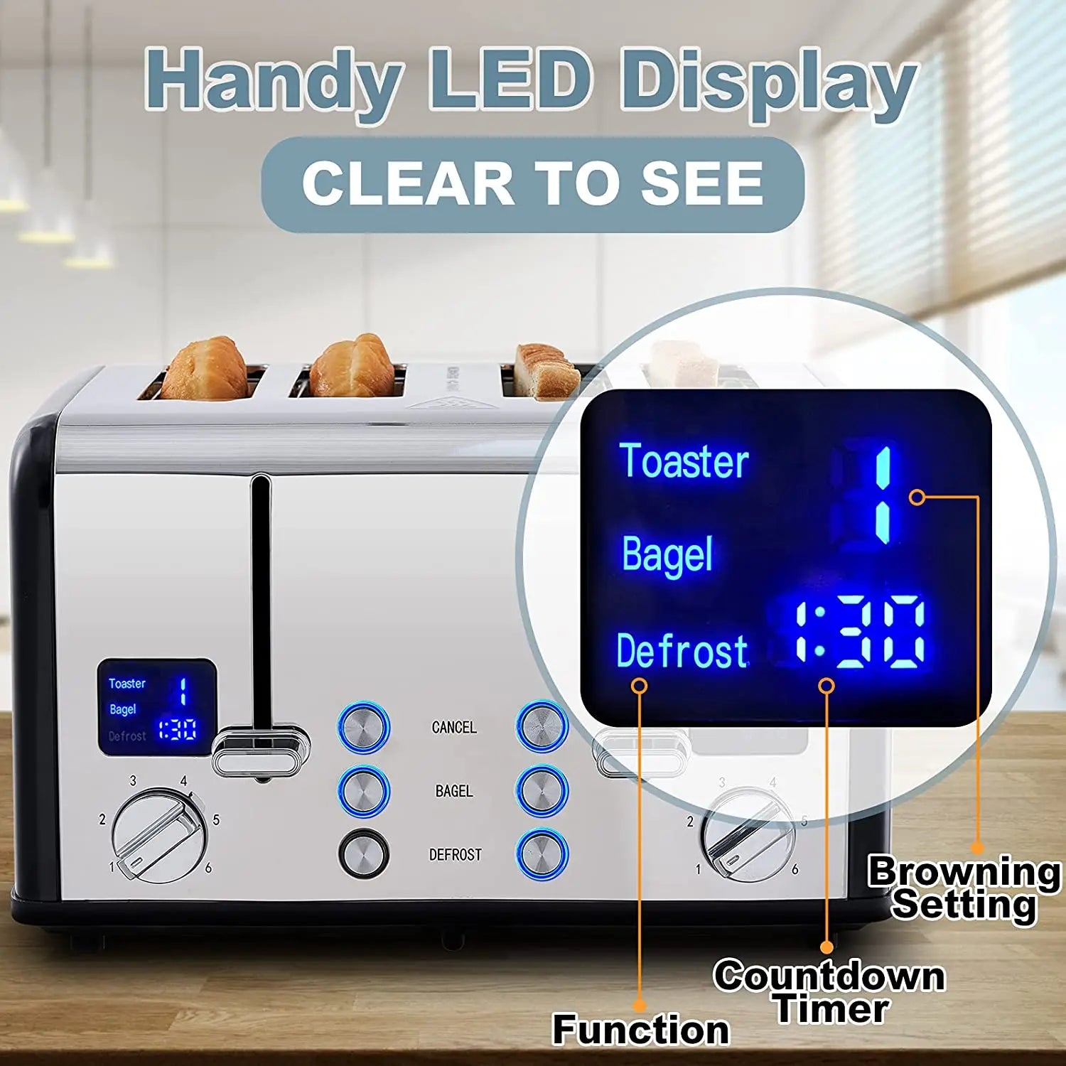 KTX-043667 Digital LED Display 4-Slice Stainless Steel Toaster with Smart Features