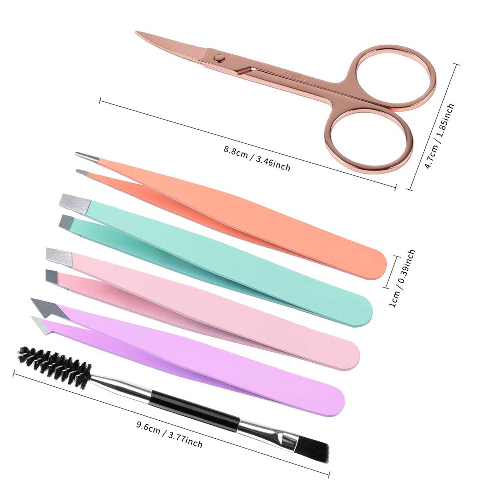 KTX-482835 6-Piece Stainless Steel Eyebrow Tweezers Set with Curved Scissors and Brush for Precise Shaping and Ingrown Hair Removal