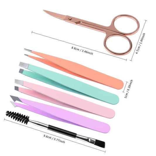 KTX-482835 6-Piece Stainless Steel Eyebrow Tweezers Set with Curved Scissors and Brush for Precise Shaping and Ingrown Hair Removal