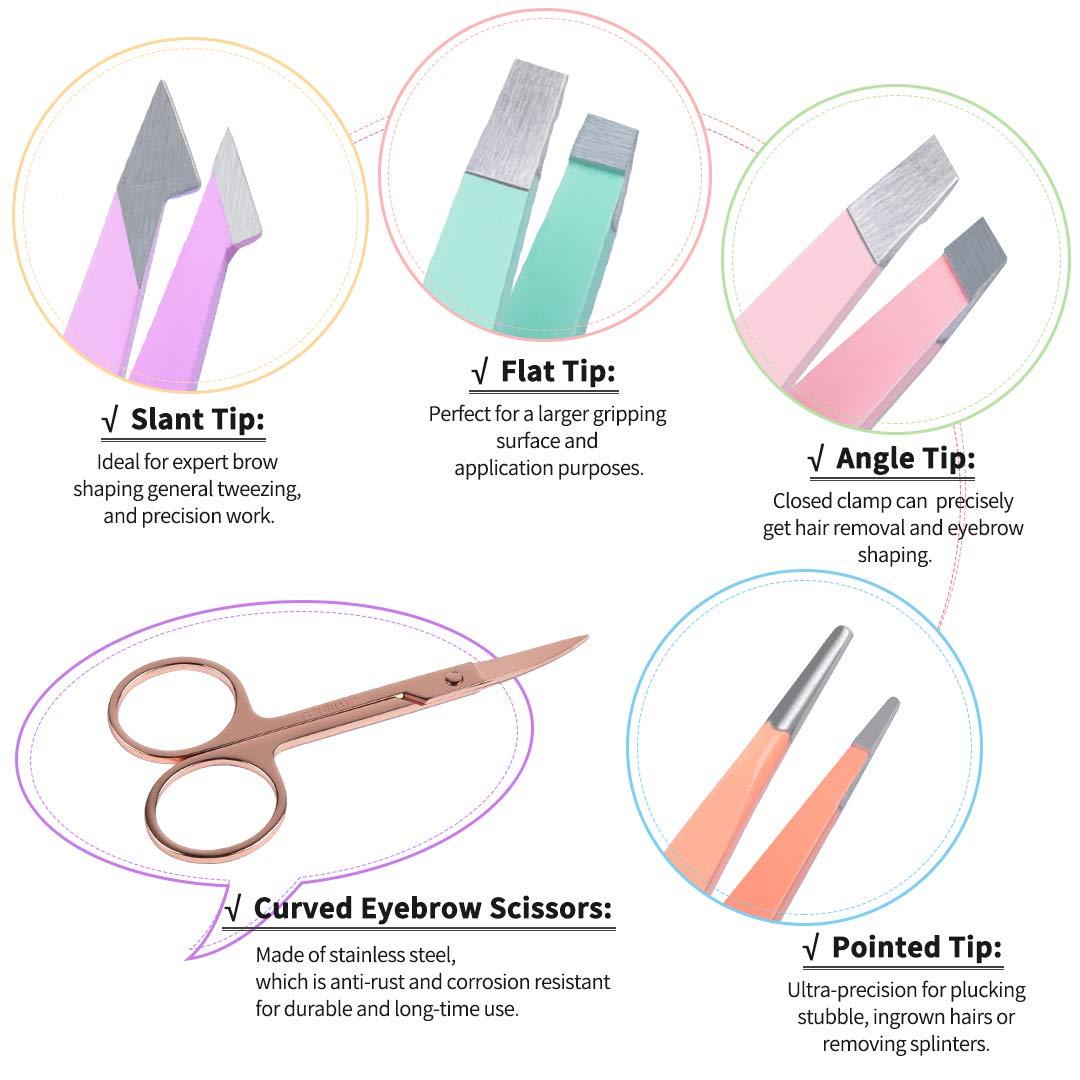 KTX-482835 6-Piece Stainless Steel Eyebrow Tweezers Set with Curved Scissors and Brush for Precise Shaping and Ingrown Hair Removal