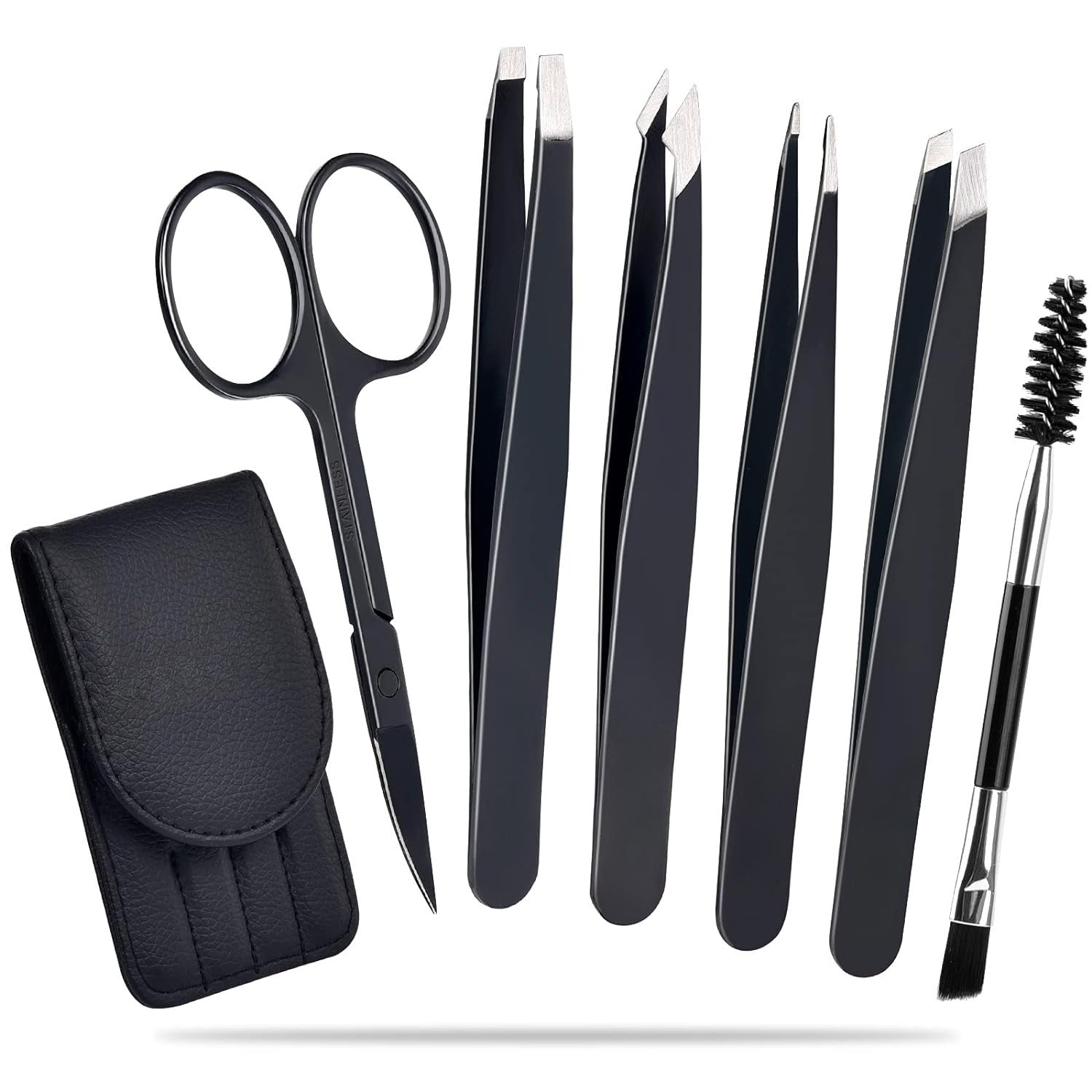 KTX-482835 6-Piece Stainless Steel Eyebrow Tweezers Set with Curved Scissors and Brush for Precise Shaping and Ingrown Hair Removal