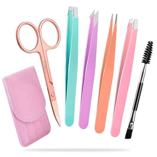 KTX-482835 6-Piece Stainless Steel Eyebrow Tweezers Set with Curved Scissors and Brush for Precise Shaping and Ingrown Hair Removal