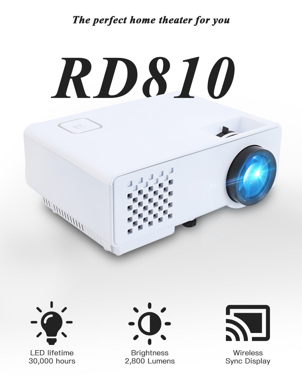 KTX-094483 Compact Mini Projector RD-810 - 800x480 Resolution for Home & Outdoor Use